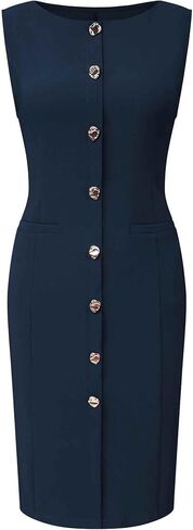 Women's Sleeveless Pencil Dress Boat Neck Button Decor 2026 Work Office Sheath Dresses with Pockets in Saudi Arabia