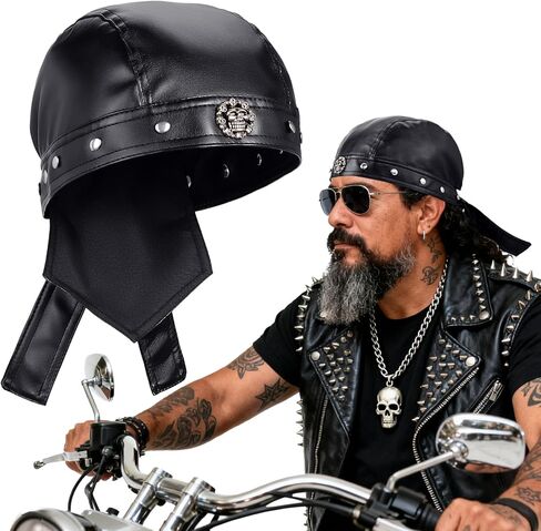 PU Leather Biker Skull Cap Classic Fashion Leather Biker Hat, Gothic Leather Bandana Unisex Motorcycle Cap, Fits 18-23inch in Kuwait