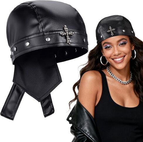 PU Leather Biker Skull Cap Classic Fashion Leather Biker Hat, Gothic Leather Bandana Unisex Motorcycle Cap, Fits 18-23inch in Saudi Arabia