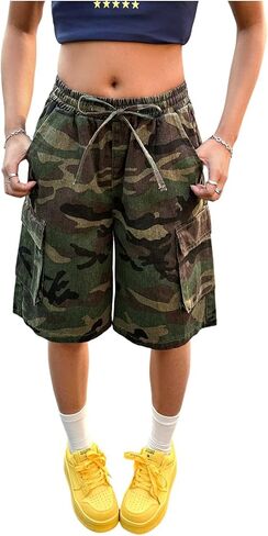 WDIRARA Girl's Camo Bermuda Cargo Denim Shorts Elastic Waist Wide Leg Baggy Shorts in Saudi Arabia