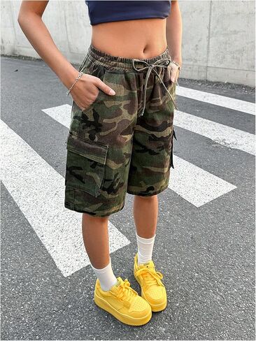 WDIRARA Girl's Camo Bermuda Cargo Denim Shorts Elastic Waist Wide Leg Baggy Shorts in Saudi Arabia
