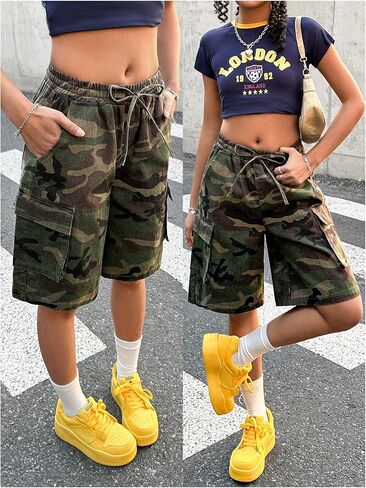 WDIRARA Girl's Camo Bermuda Cargo Denim Shorts Elastic Waist Wide Leg Baggy Shorts in Saudi Arabia