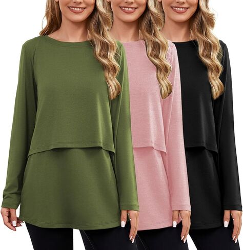 Ecavus Women's 3Pack Maternity Nursing Shirts Long Sleeve Double Layer Breastfeeding Shirts Comfy Pregnancy Clothes in Saudi Arabia