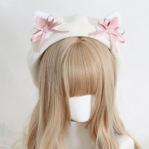Wool Beret Hat Women Cute Cat Ears Beret Cap with Bows Decoration French Cap for Ladies Girls Gifts in Saudi Arabia
