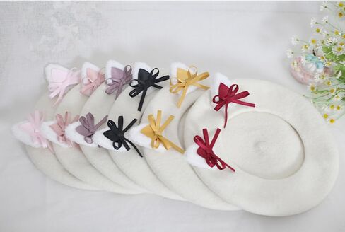 Wool Beret Hat Women Cute Cat Ears Beret Cap with Bows Decoration French Cap for Ladies Girls Gifts in Saudi Arabia