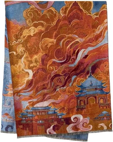 Asian Inspired Decorative Scarf, Orange and Blue Cloud and Pagoda Pattern, Silk Wool Blend, 74x27 Inches, in Saudi Arabia