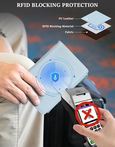RFID Passport Holder for Women/Men Travel Gifts, Large Capacity Passport Wallet, Family Travel Documents Organizer with Card/Airtag Slots, Zipper coin pocket, Cash Holder Passport Cover Case (Blue) in Saudi Arabia