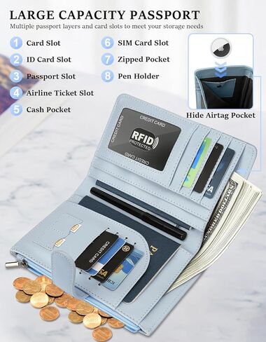 RFID Passport Holder for Women/Men Travel Gifts, Large Capacity Passport Wallet, Family Travel Documents Organizer with Card/Airtag Slots, Zipper coin pocket, Cash Holder Passport Cover Case (Blue) in Saudi Arabia