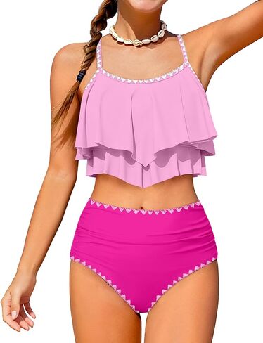 الفتيات ملابس السباحة مجموعة البكيني 2 قطعة ثوب السباحة المتدرج تكدرت التباين تقليم الأشرطة قابل للتعديل ملابس سباحة للفتيات 9-16Y in Kuwait