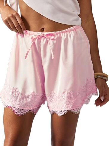 Women Lace Trim Satin Silk Shorts Y2K Patchwork Silky Mini Shorts Elastic Waist Pajama Slip Bottoms Boxer in Saudi Arabia