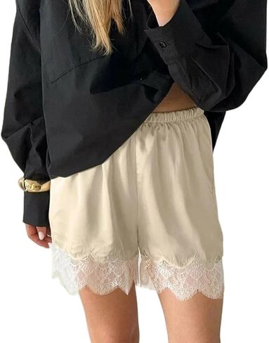 Women Lace Trim Satin Silk Shorts Y2K Patchwork Silky Mini Shorts Elastic Waist Pajama Slip Bottoms Boxer in Saudi Arabia