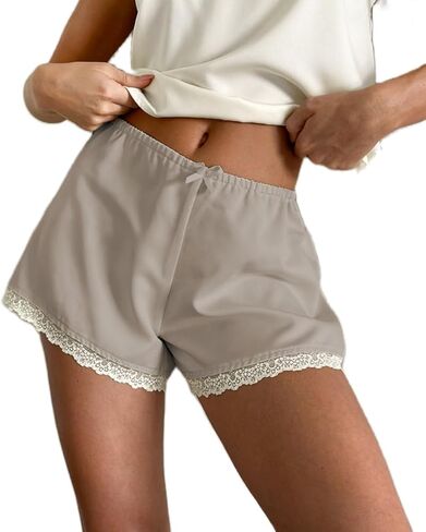 Women Lace Trim Satin Silk Shorts Y2K Patchwork Silky Mini Shorts Elastic Waist Pajama Slip Bottoms Boxer in Saudi Arabia