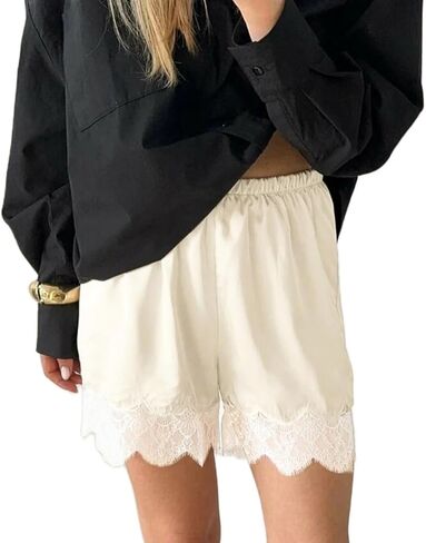 Women Lace Trim Satin Silk Shorts Y2K Patchwork Silky Mini Shorts Elastic Waist Pajama Slip Bottoms Boxer in Saudi Arabia