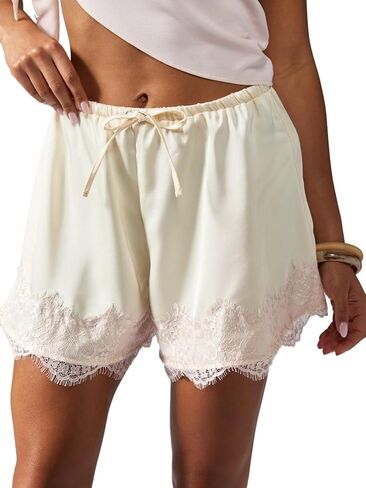 Women Lace Trim Satin Silk Shorts Y2K Patchwork Silky Mini Shorts Elastic Waist Pajama Slip Bottoms Boxer in Saudi Arabia
