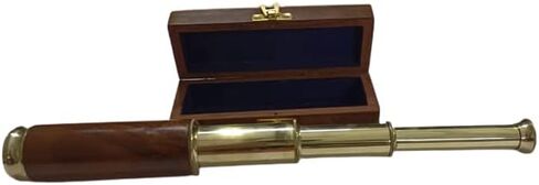 تلسكوب يدوي من النحاس ذو أنبوب خشبي من Spyglass مع صندوق خشبي صغير مزين بالنحاس على شكل قرصان عتيق in Kuwait