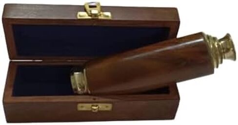 تلسكوب يدوي من النحاس ذو أنبوب خشبي من Spyglass مع صندوق خشبي صغير مزين بالنحاس على شكل قرصان عتيق in Kuwait