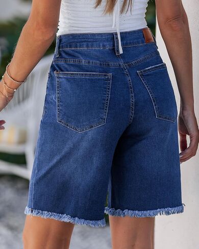 luvamia Jean Bermuda Shorts for Women Trendy Mid Rise Raw Hem Knee Length Stretchy Denim Long Shorts Summer Casual Jorts in Saudi Arabia