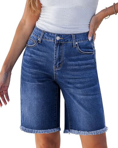 luvamia Jean Bermuda Shorts for Women Trendy Mid Rise Raw Hem Knee Length Stretchy Denim Long Shorts Summer Casual Jorts in Saudi Arabia