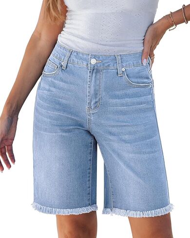 luvamia Jean Bermuda Shorts for Women Trendy Mid Rise Raw Hem Knee Length Stretchy Denim Long Shorts Summer Casual Jorts in Saudi Arabia