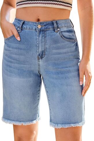 luvamia Jean Bermuda Shorts for Women Trendy Mid Rise Raw Hem Knee Length Stretchy Denim Long Shorts Summer Casual Jorts in Saudi Arabia