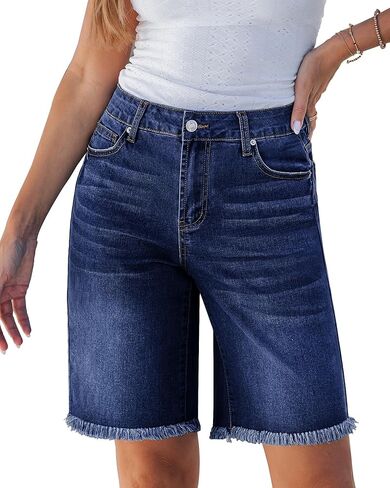 luvamia Jean Bermuda Shorts for Women Trendy Mid Rise Raw Hem Knee Length Stretchy Denim Long Shorts Summer Casual Jorts in Saudi Arabia