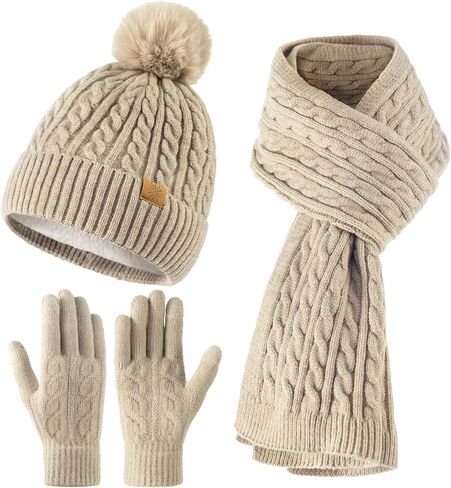Winter Hat Beanie Long Scarf Touchscreen Gloves Set, 3Pcs Soft Thick Fleece Lined Gloves Skull Cap Scarf Set for Women Men in Saudi Arabia