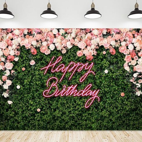Happy Birthday Backdrop for Women Girl Green Grass Flower Floral Wall Decor | 7Wx5H Feet Botanical Plant Nature Photography Background Photo Studio Shoot Fabric in Saudi Arabia