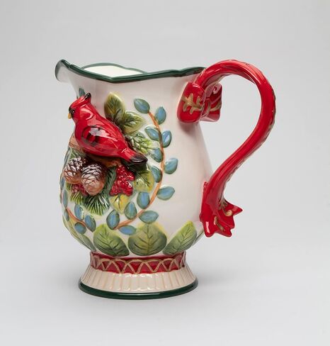 Fine Ceramic Christmas Evergreen Cardinal Pinecone Decorative Pitcher, 7-7/8" H in Saudi Arabia