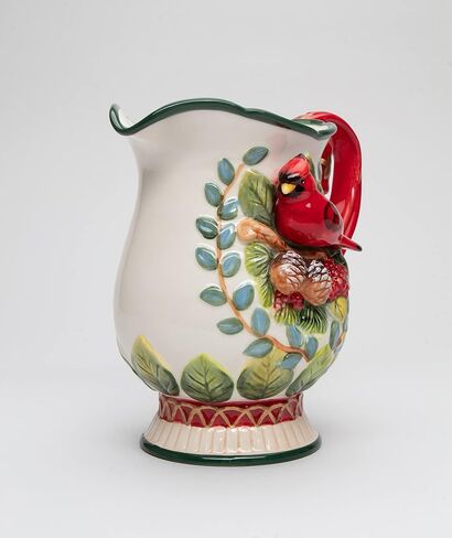 Fine Ceramic Christmas Evergreen Cardinal Pinecone Decorative Pitcher, 7-7/8" H in Saudi Arabia