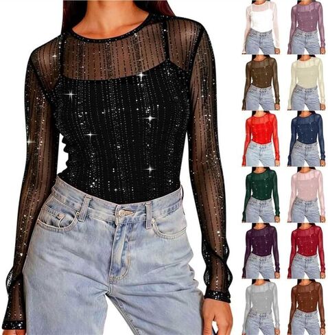 Womens Sequin Sparkly Shirts Long Sleeve Sheer Mesh Blouse Solid Crewneck Pullover Tops Trendy Holiday Party Shirt in Saudi Arabia