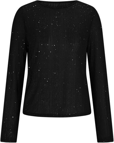 Womens Sequin Sparkly Shirts Long Sleeve Sheer Mesh Blouse Solid Crewneck Pullover Tops Trendy Holiday Party Shirt in Saudi Arabia