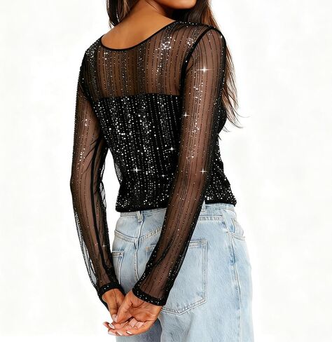 Womens Sequin Sparkly Shirts Long Sleeve Sheer Mesh Blouse Solid Crewneck Pullover Tops Trendy Holiday Party Shirt in Saudi Arabia