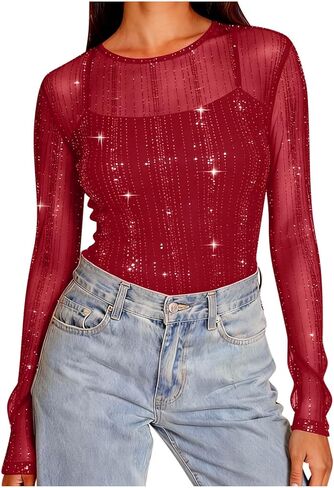 Womens Sequin Sparkly Shirts Long Sleeve Sheer Mesh Blouse Solid Crewneck Pullover Tops Trendy Holiday Party Shirt in Saudi Arabia