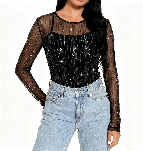 Womens Sequin Sparkly Shirts Long Sleeve Sheer Mesh Blouse Solid Crewneck Pullover Tops Trendy Holiday Party Shirt in Saudi Arabia