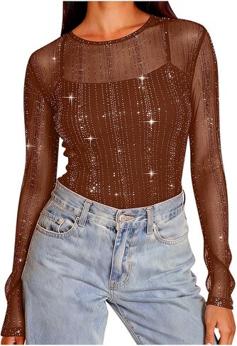 Womens Sequin Sparkly Shirts Long Sleeve Sheer Mesh Blouse Solid Crewneck Pullover Tops Trendy Holiday Party Shirt in Saudi Arabia