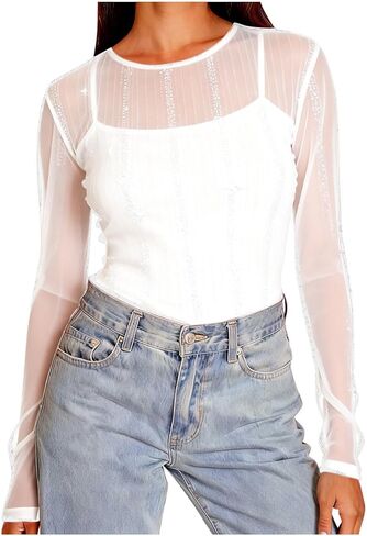 Womens Sequin Sparkly Shirts Long Sleeve Sheer Mesh Blouse Solid Crewneck Pullover Tops Trendy Holiday Party Shirt in Saudi Arabia