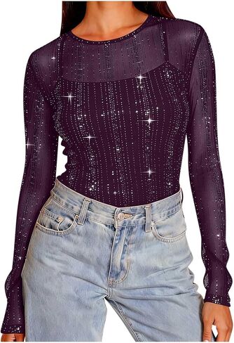 Womens Sequin Sparkly Shirts Long Sleeve Sheer Mesh Blouse Solid Crewneck Pullover Tops Trendy Holiday Party Shirt in Saudi Arabia