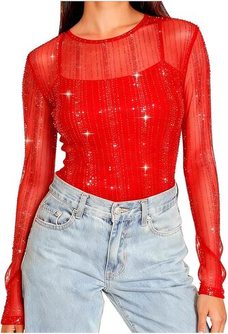 Womens Sequin Sparkly Shirts Long Sleeve Sheer Mesh Blouse Solid Crewneck Pullover Tops Trendy Holiday Party Shirt in Saudi Arabia