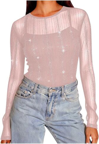 Womens Sequin Sparkly Shirts Long Sleeve Sheer Mesh Blouse Solid Crewneck Pullover Tops Trendy Holiday Party Shirt in Saudi Arabia