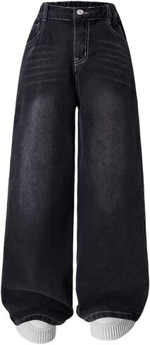 Nivne Tco Tween Boys Baggy Jeans Loose Fit Washed Wide Leg Elastic Waist Zipper Fly Streetwear Denim Pants in Kuwait