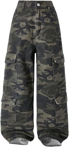 بنطلون جينز Nivne Tco Tween Boys Cargo Jeans متعدد الجيوب كاجوال من قماش الدنيم المموه، بنطال عصري للأطفال بسحاب واسع وواسع الساق in Kuwait