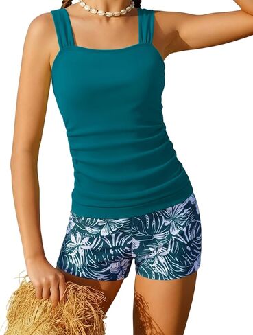 Gaupafmb Girls Tankini Swimsuit Solid Ruched Side Square Neck Top with Tropical Printed Shorts 2 Piece Girls Bathing Suits in Kuwait