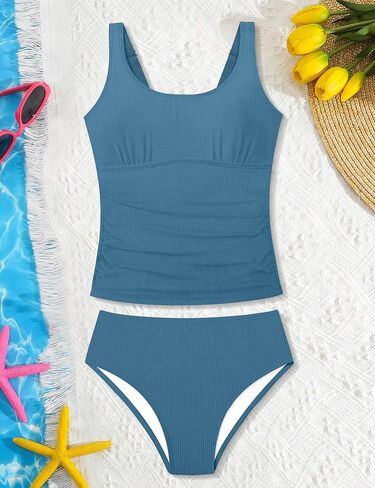 Girls Swimsuit Two Piece Ribbed Tankini Swimsuit Solid Color Ruched Bathing Suit Adjustable Straps Swimwear 9-16Y in Saudi Arabia