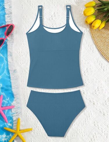 Girls Swimsuit Two Piece Ribbed Tankini Swimsuit Solid Color Ruched Bathing Suit Adjustable Straps Swimwear 9-16Y in Saudi Arabia