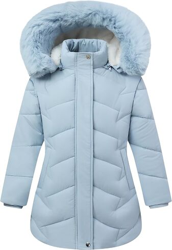 Girls Winter Down Coat with Detachable Fur Hood, Kids Thickened Windproof Jacket for Skiing, Sledding in Saudi Arabia