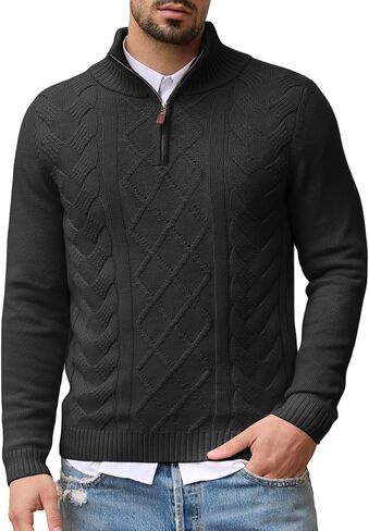 Les umes Mens Quarter Zip Sweater Cotton Mock Neck Pullover Sweaters Warm Long Sleeve Cable Knitted Jumper in Kuwait