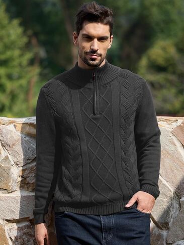 Les umes Mens Quarter Zip Sweater Cotton Mock Neck Pullover Sweaters Warm Long Sleeve Cable Knitted Jumper in Kuwait