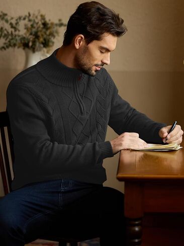 Les umes Mens Quarter Zip Sweater Cotton Mock Neck Pullover Sweaters Warm Long Sleeve Cable Knitted Jumper in Kuwait