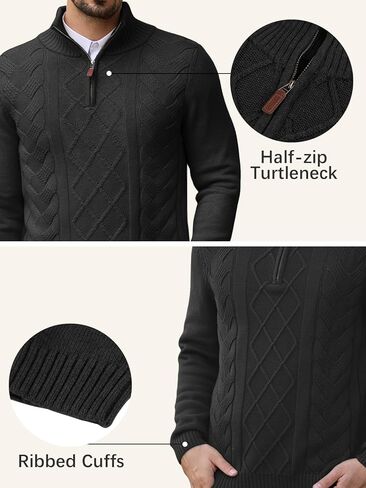 Les umes Mens Quarter Zip Sweater Cotton Mock Neck Pullover Sweaters Warm Long Sleeve Cable Knitted Jumper in Kuwait