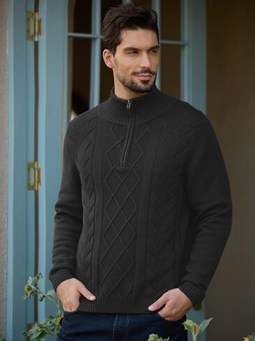 Les umes Mens Quarter Zip Sweater Cotton Mock Neck Pullover Sweaters Warm Long Sleeve Cable Knitted Jumper in Kuwait